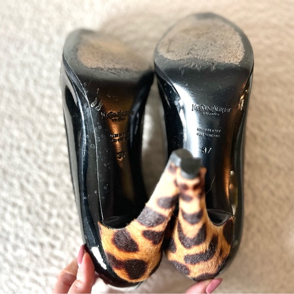 Yves Saint Laurent Black Patent Leather Pumps w/ Leopard Print Heels - Picture 5 of 5